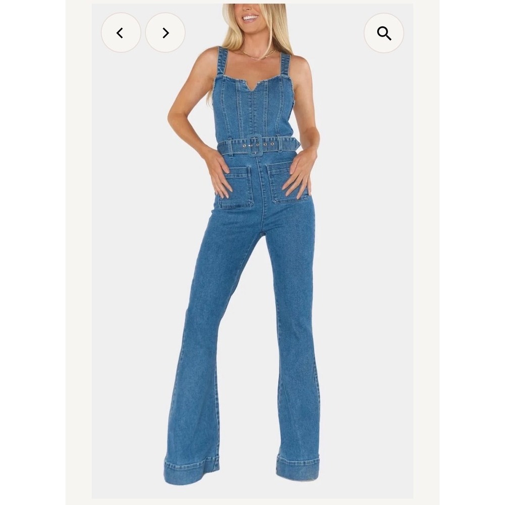 Show Me Your Mumu Crossroads Denim Jumpsuit Medium Wash Belted Flare XL Boho